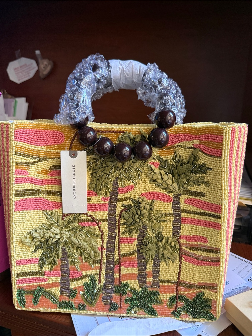 Bracelet Beaded Bag Yellow and Pink Palm Tree Tote with Wooden Bead Handles